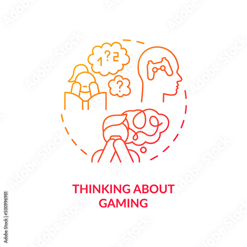 Thinking about gaming red gradient concept icon. Obsessive thoughts. Sign of game addiction abstract idea thin line illustration. Isolated outline drawing. Myriad Pro-Bold font used