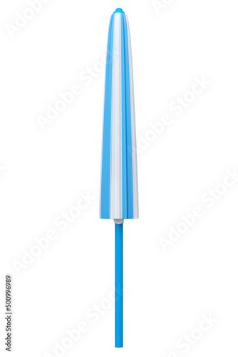 Blue striped beach umbrella for lounge zone on seashore isolated on white.