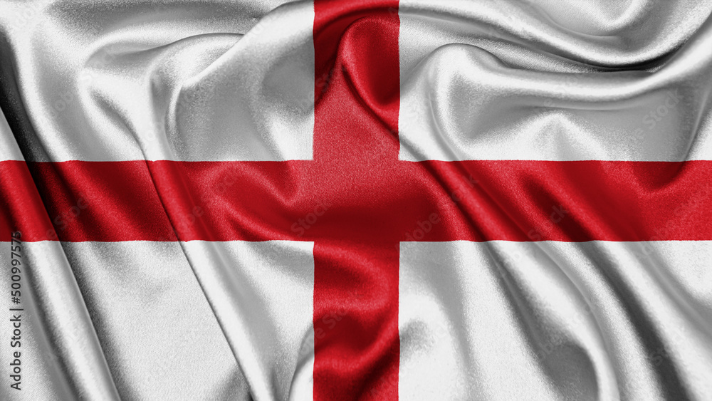 Fototapeta premium Close up realistic texture fabric textile silk satin flag of England waving fluttering background. National symbol of the country. 15th of September, Happy Day concept