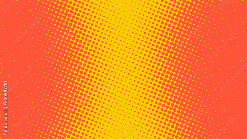 Red and yellow superhero background in pop art comics book style. Cartoon halftone backdrop dot design, vector illustration eps10