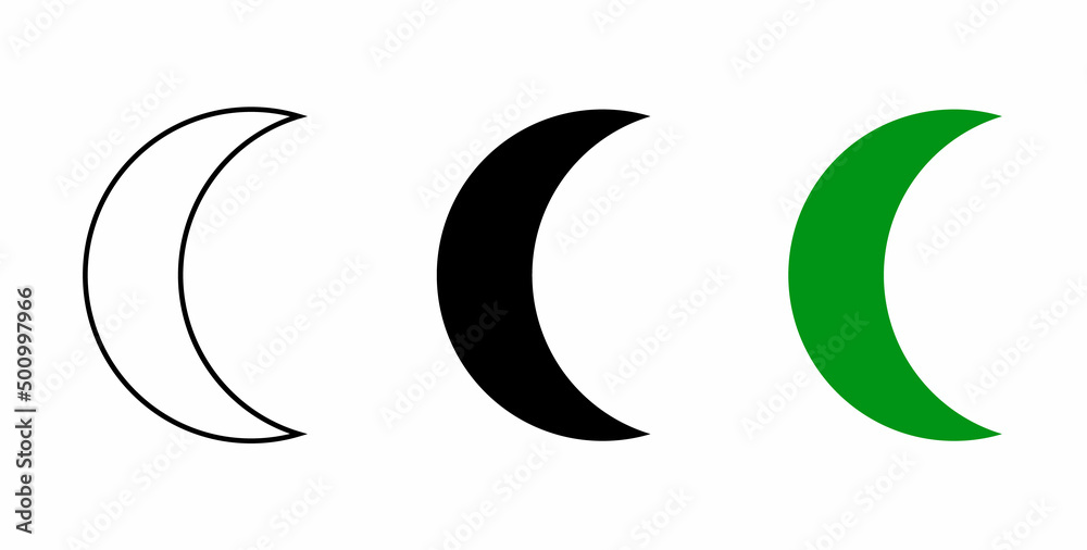 three isolated crescent moon icon symbol on white background