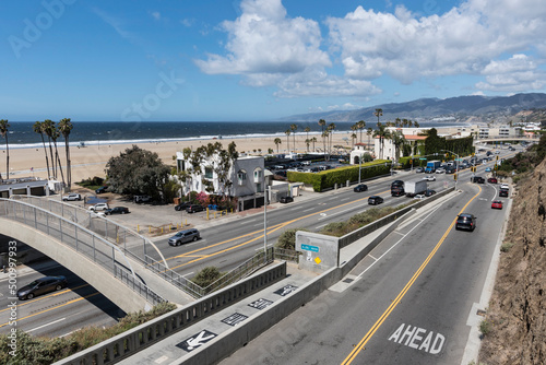 View of Pacific Coast Highway at the California Incline in popular Santa Monica, California. © trekandphoto