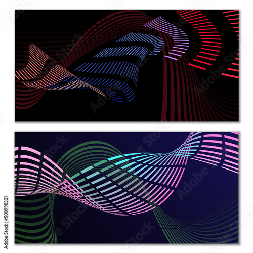 Wavy lines or ribbons. Multicolored striped gradient. Creative unusual background with abstract gradient wave lines for creating trendy banner, poster. Vector eps