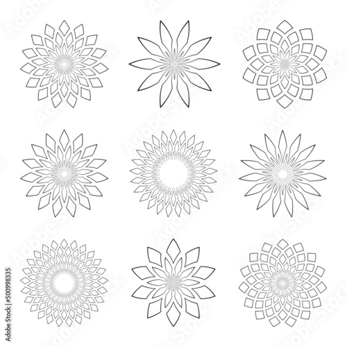 Outline flower icons. Abstract circle design elements set.