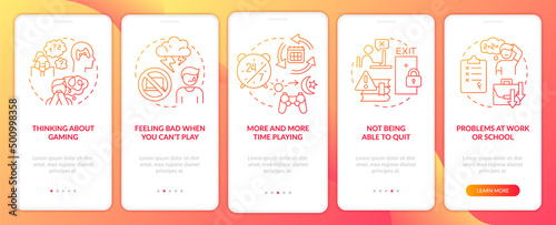 Signs of game addiction red gradient onboarding mobile app screen. Walkthrough 5 steps graphic instructions pages with linear concepts. UI, UX, GUI template. Myriad Pro-Bold, Regular fonts used