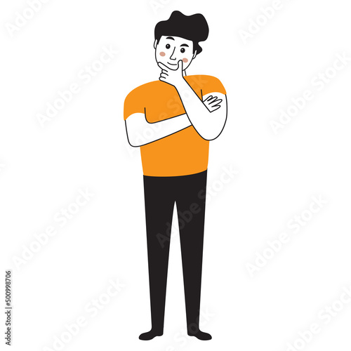 Pensive man thinking with hand on chin.Character have a question.Vector illustration in cartoon style.Pensive or thinking young guy.Isolated on white background.