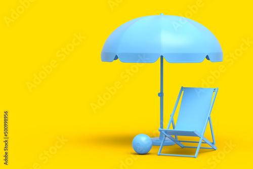 Beach chair with umbrella and beach ball on yellow background.