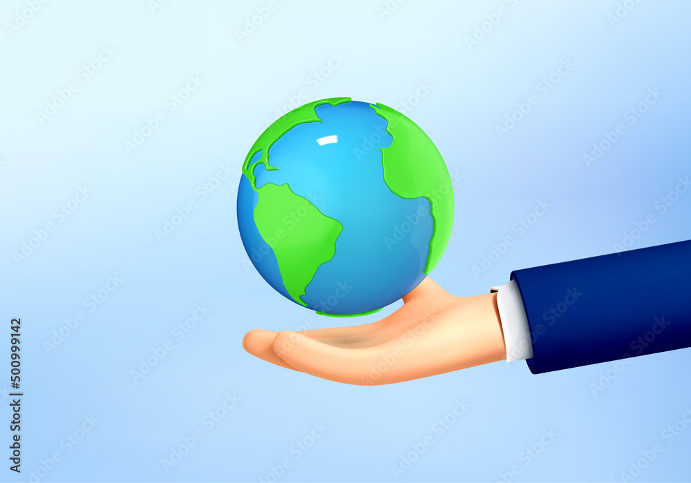 Human hand holding globe isolated on blue background. Sustain earth concept. Green Planet in Your Hands. Save Earth. Environment Concept. Vector cartoon 3d illustration Human hand holding globe isolated on blue background. Sustain earth concept. Green Planet in Your Hands. Save Earth. Environment Concept. Vector cartoon 3d illustration