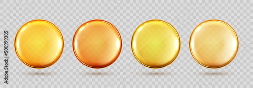 Gold oil capsule set. Vitamin round pill. Cosmetics, omega 3 golden bubble. Serum droplets or collagen essence isolated on transparent background
