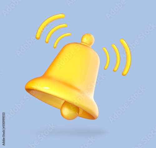 Yellow bell icon in cartoon 3d style. Bell notification. Icon in cartoon design isolated on blue background. Vector 3d illustration