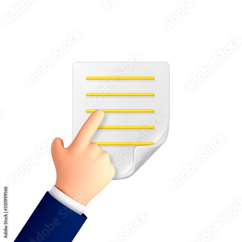 3D cartoon hand points to a blank sheet of paper or document. Vector 3d illustration
