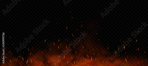 Vector red fire sparks flying up. Burning glowing particles. Flame of fire with sparks isolated on a black transparent background.