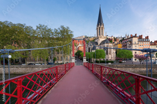 Famous view of red footbridge in Lyon