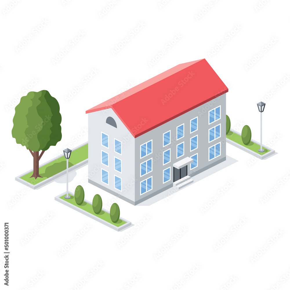 House building, city street. Vector 3d line isometric, color web icons, new flat style. Creative design idea for infographics.