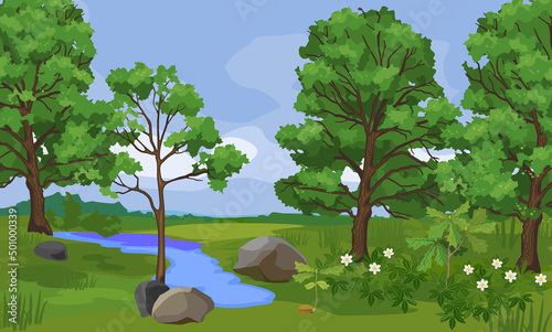 Summer landscape with oak forest and blue pond