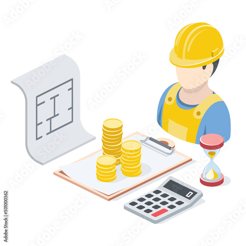 Builder clipboard, coin calculator, hourglass, blueprint drawing. Vector 3d line isometric, color web icons, new flat style. Creative design idea for infographics.