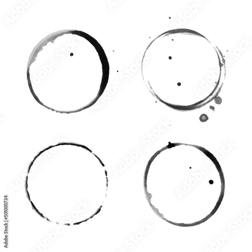 Coffee cup circle black vector stains. Round ring grunge stain. Wet cup mark and splatter. Black ink circle stains. Bottle glass or water drink marks
