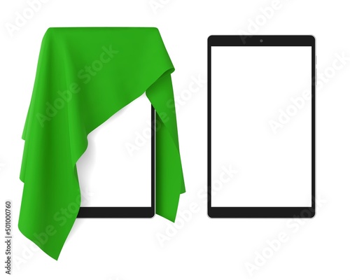 Green fabric covering a blank tablet pad gadget, vector illustration