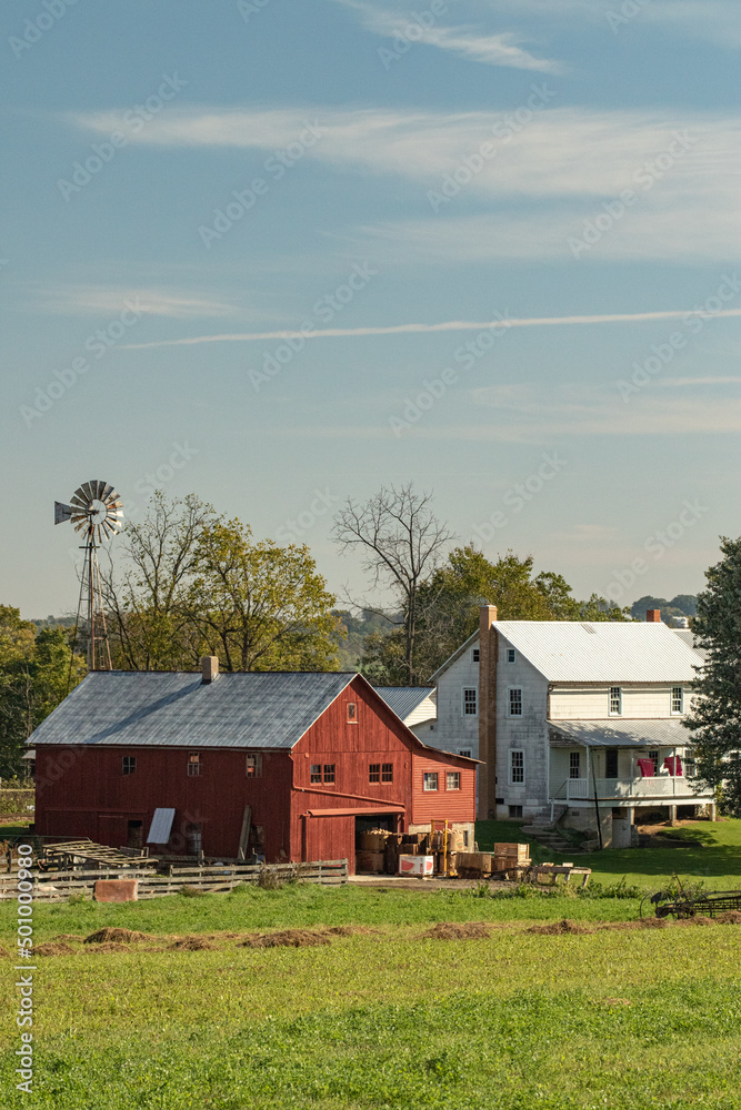 Amish Barn, House, and Windmill under a Blue Sky in Summer | Holmes County, Ohio
