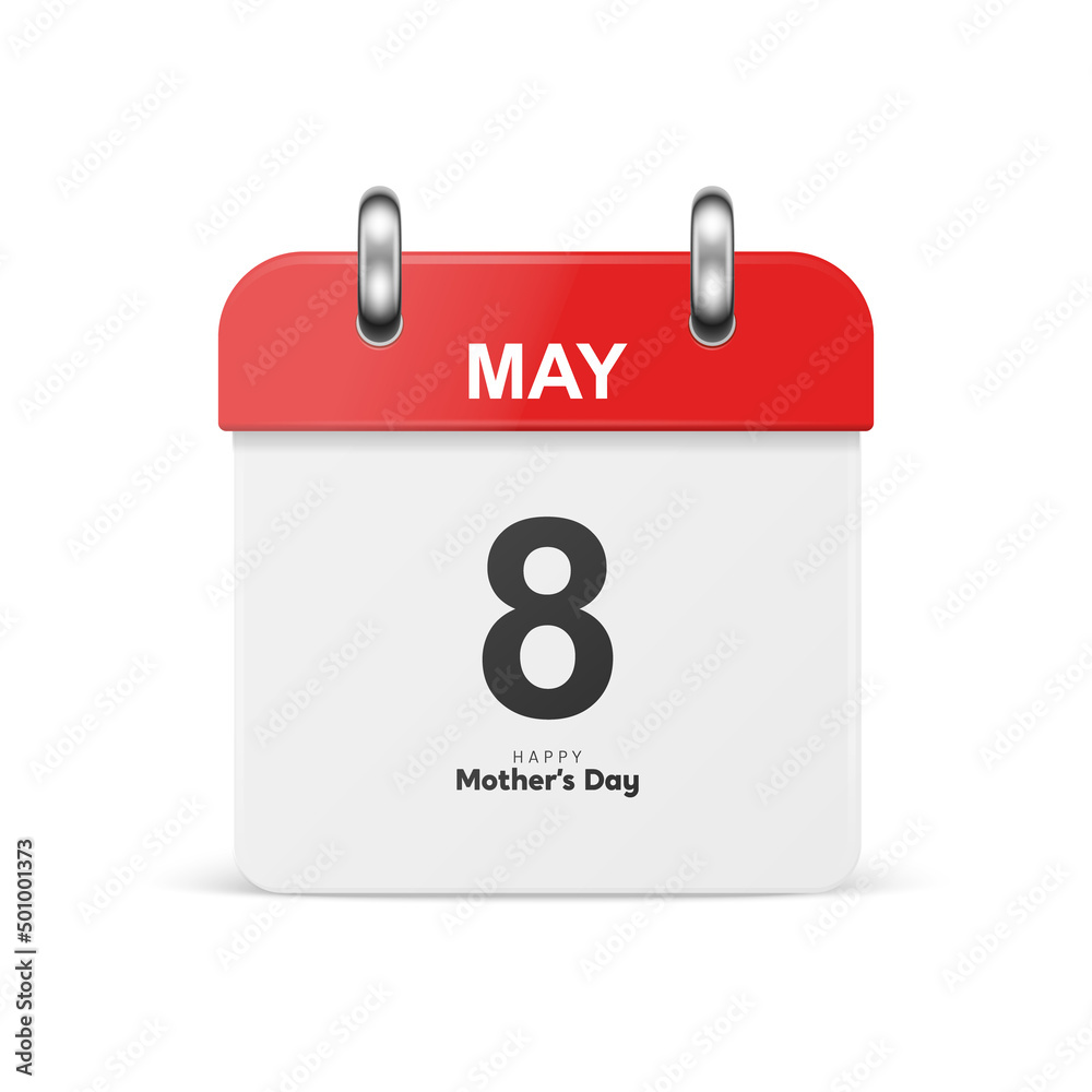 Vector 3d Realistic Mother s Day Classic Red Simple Minimalistic Calendar Icon Isolated. Happy Mothers Day Concept, May 8, 2022 Vector 3d Realistic Mother s Day Classic Red Simple Minimalistic Calendar Icon Isolated. Happy Mothers Day Concept, May 8, 2022