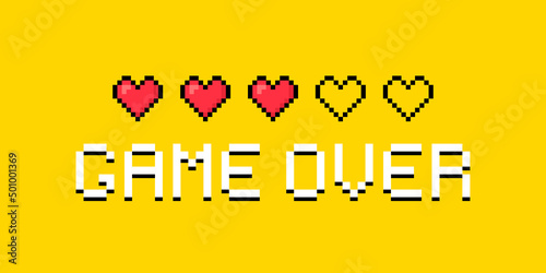 Game over pixel art design with hearts. 8bit pixel art design for game, life bar, gaming controller. Vector illustration