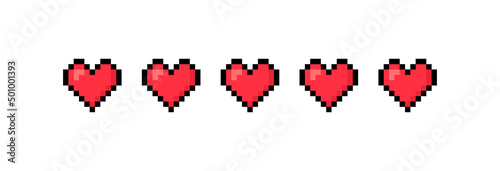 Five pixel hearts collection. Pixel game life bar, gaming controller. Rate your love. Love measuring indicator with hearts. Vector art 8 bit