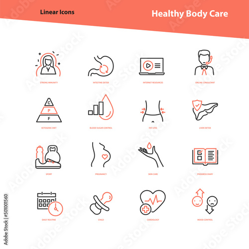 Healthcare linear vector icons collection. Isolated thin line pictograms of body and medical care