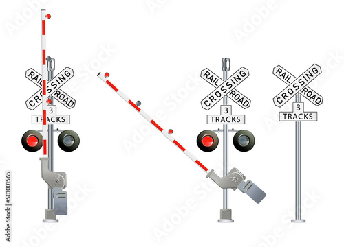 Road signs and railroad crossing barriers are used in the United States.traffic light, Railway barriers close isolated on white background, design concept for start up, business solutions,