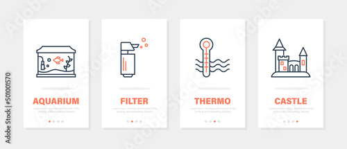 Aquarium care equipment banners. Vertical app screen with linear icon for pet shop.