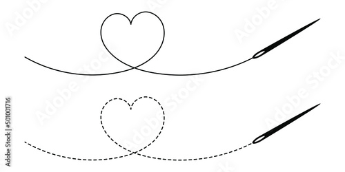 Needle with string in the shape of a heart. Vector illustration.