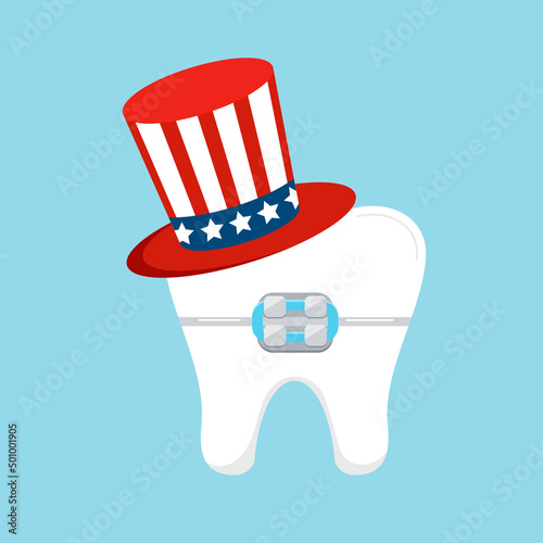 4 th of July tooth in braces dental icon isolated. Dentist cute kawaii teeth character in Uncle Sam hat. Flat design cartoon style vector USA independence day dental illustration.
