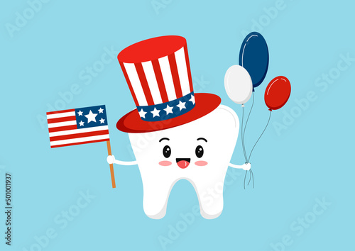 4 th of July tooth with flag and balloons dental icon isolated. Dentist cute kawaii tooth character in Uncle Sam hat. Flat design cartoon style vector independence day dental illustration.