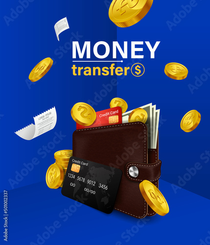 wallet with credit card in front and there are coins floating around.Wallet app design idea for transfer money between apps.Brown wallet with money and credit cards inside. all on a blue background.
