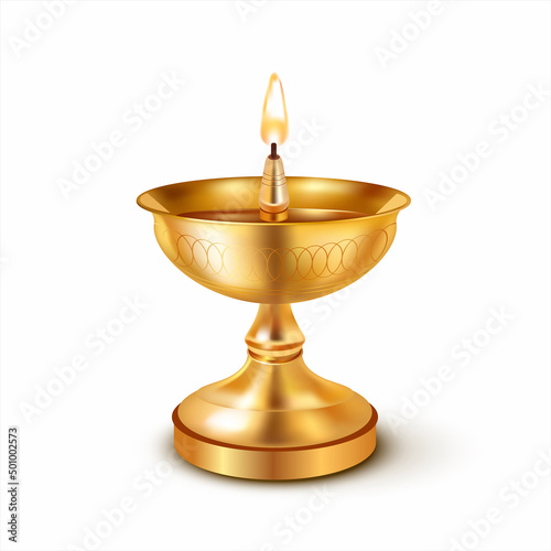 Indian gilded diya (oil lamp) isolated on white. Traditional element of ritual and religious ceremonies. Vector illustration.
