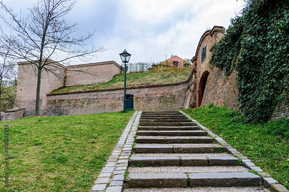 Stairs of to the main entrance the Spilberk fortress in the park under the walls in Brno