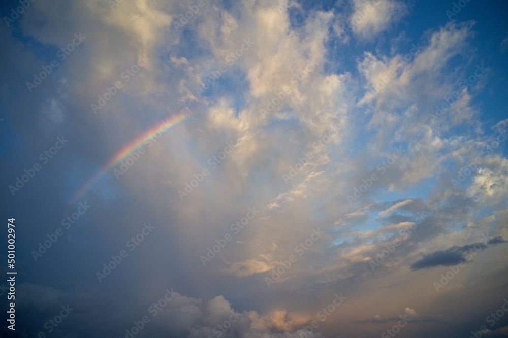 Drone field of view of rainbow in cloudy sky on the paradise island of Mahe, Seychelles. Drone field of view of rainbow in cloudy sky on the paradise island of Mahe, Seychelles.