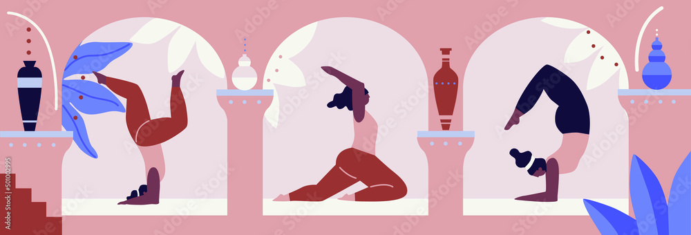 Three Women exercising yoga vector illustration. Yogis in poses, women practicing asana. Relaxing environment. Concept of meditation. Beautiful room and plants. Cartoon flat style. Healthy lifestyle. 