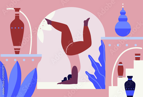 Woman exercising yoga vector illustration. Yogis in poses, woman practicing asana texture. Relaxing environment. Concept of meditation. Beautiful room and plants. Cartoon flat style. Healthy lifestyle