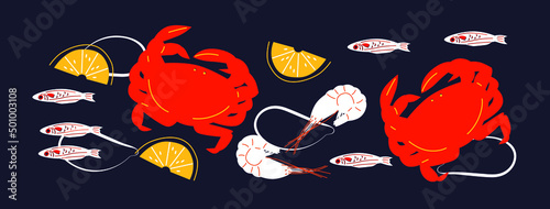 Cute appetizing Seafood collection. Decorative abstract horizontal banner with colorful doodles. Hand-drawn modern illustrations with Seafood, abstract elements. Abstract Shrimp, lobster, fish, lemon.