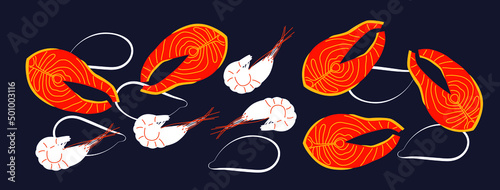 Cute appetizing Seafood collection. Decorative abstract horizontal banner with colorful doodles. Hand-drawn modern illustrations with Seafood, abstract elements. Abstract Shrimp, lobster, fish, lemon.