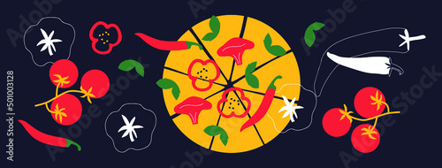 Abstract Pizza and vegetables set. Italian Pizza on black background cartoon illustration. Vector. Funny colored typography poster, advertising, packaging print design, restaurant menu decoration.