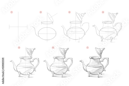Page shows how to learn to draw sketch of antique Moroccan teapot. Creation step by step pencil drawing. Educational page for artists. Textbook for developing artistic skills. Online education. photo