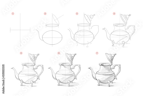 Page shows how to learn to draw sketch of antique Moroccan teapot. Creation step by step pencil drawing. Educational page for artists. Textbook for developing artistic skills. Online education.