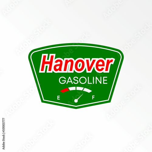 Fuel gauge or meter and letter or writing HANOVER sans serif font image graphic icon logo design abstract concept vector stock. Can be used as a symbol related to classic emblem or gas station