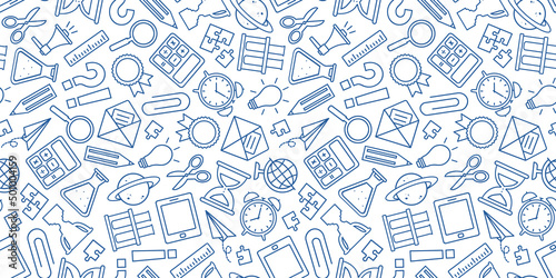 School vector seamless pattern, blue line art stationery doodle. Education background outline design. Study illustration