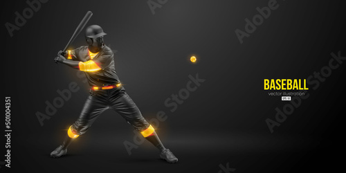 Abstract silhouette of a baseball player on black background. Realistic baseball player batter hits the ball. Vector illustration