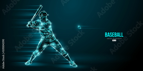 Abstract silhouette of a baseball player on blue background. Baseball player batter hits the ball. Vector illustration