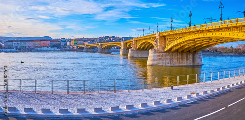 Panorama with Margaret Bridge, Danube River and Jozsef Antall embankment, Budapest, Hungary photo