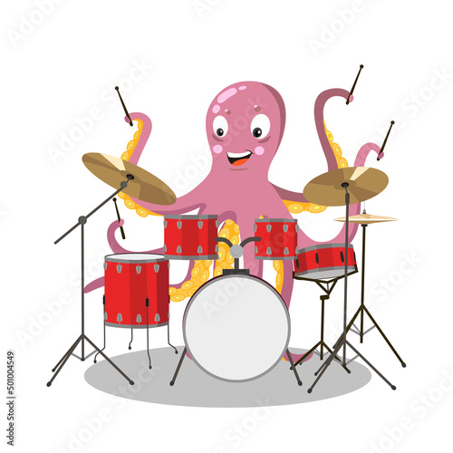 Octopus playing drums. Cute character in cartoon style.