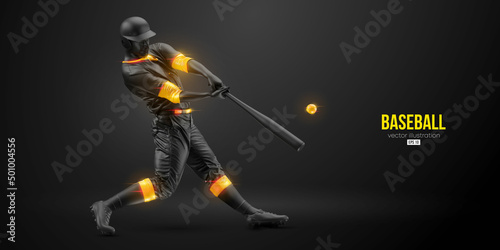 Abstract silhouette of a baseball player on black background. Realistic baseball player batter hits the ball. Vector illustration